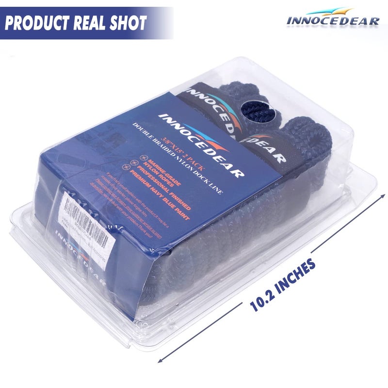 INNOCEDEAR حزمة 2 من خطوط الرصيف البحرية الزرقاء الداكنة الممتازة - 3/8 بوصة × 15 قدم مع حلقة. حبل رصيف مزدوج مضفر من النايلون / خطوط ربط. حبال بحرية عالية الأداء. - Image 2